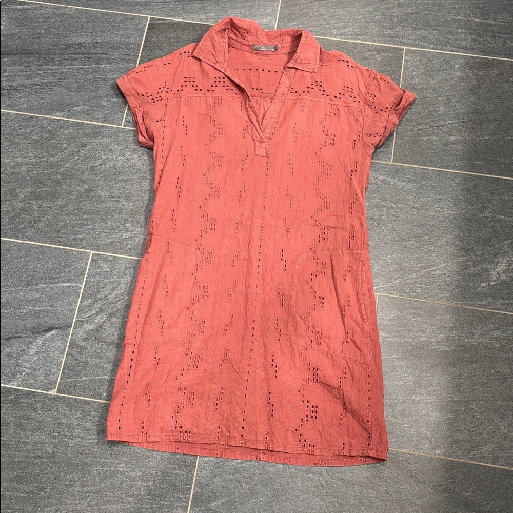 prAna Women's Ladyland Short Sleeve Shirt Dress Organic Cotton Eyelet Red
